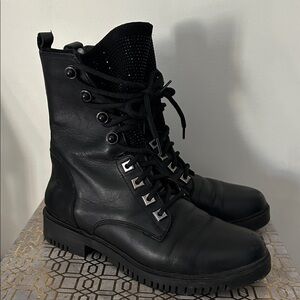 Molly Bessa Leather Lace Up Rhinestone Combat Booties Women's size 39/8.5